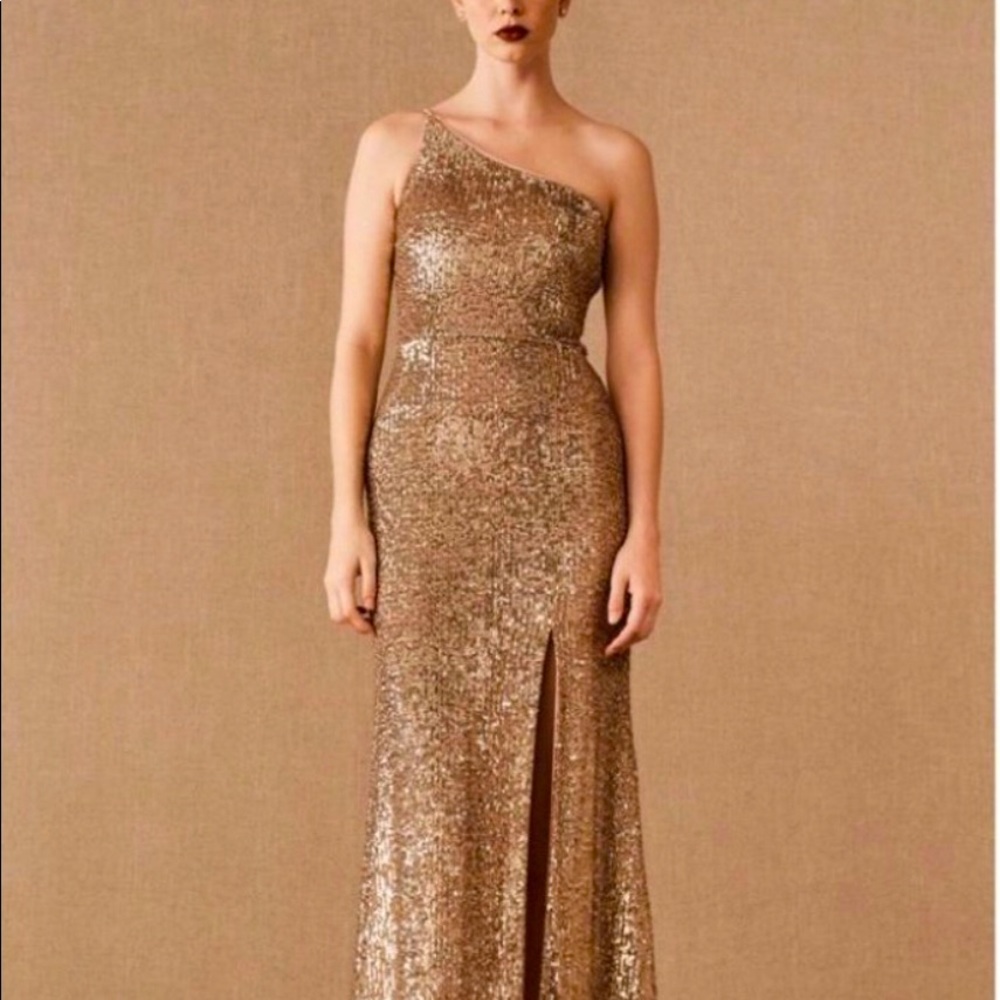 Size 8 BHLDN gold sequin bridesmaid dress full length one shoulder